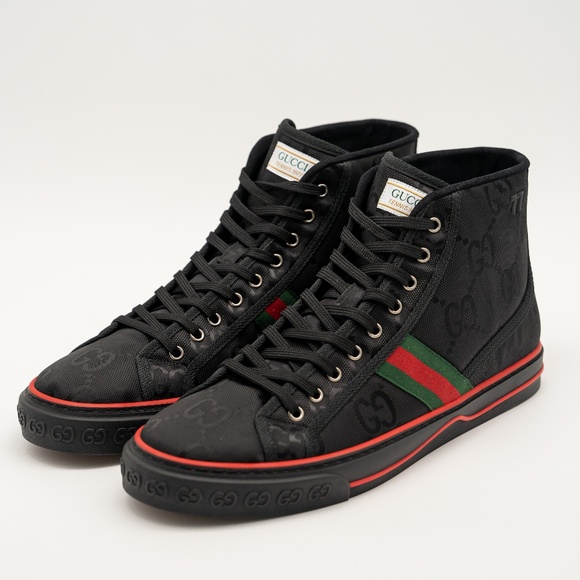 size 13G 13.5 US Gucci Tennis High Black Canvas Jumbo GG Sneakers Web - Picture 1 of 12